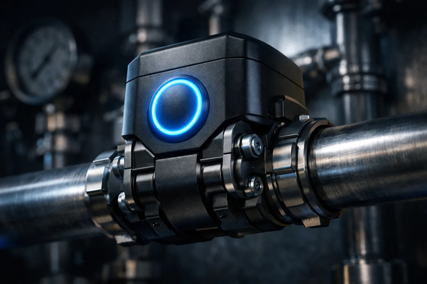 Automatic water shut off valve installed on a main water line for high-rise leak protection.