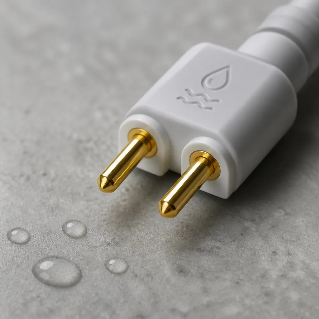 Macro close-up shot of a high-tech water leak sensor probe with shining gold-plated contact points