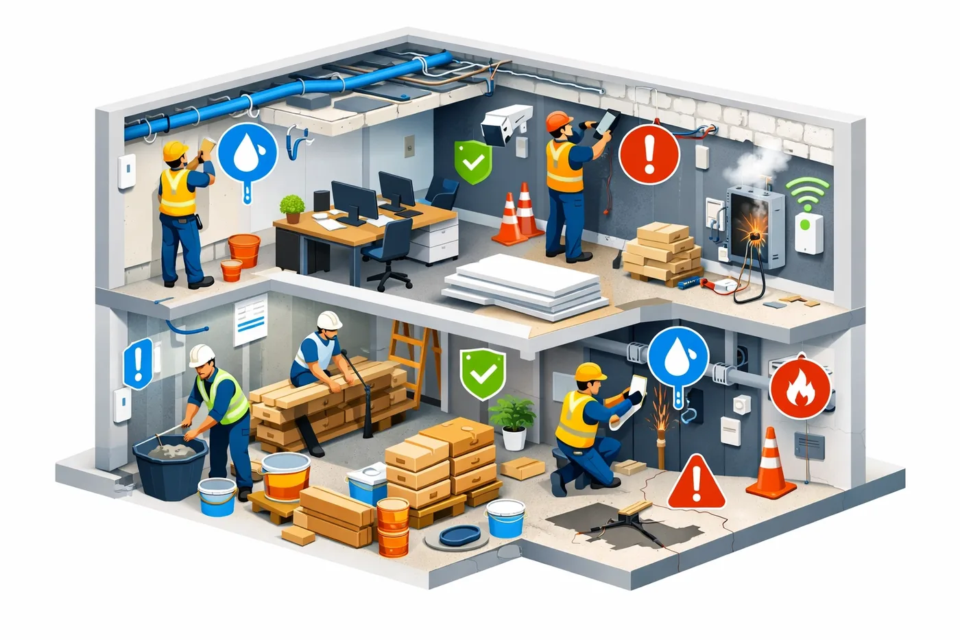 Commercial building renovation with active leak detection system and water sensors installed