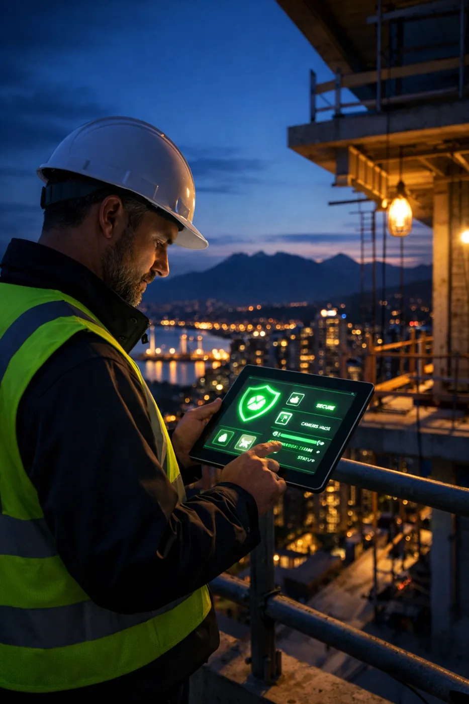 Vancouver site manager monitoring after-hours water leak detection on a high-rise construction project.