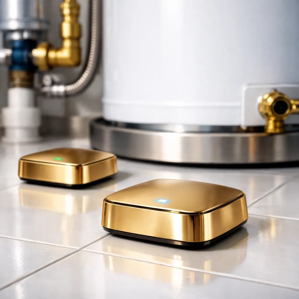 Gold-plated water leak detection sensors installed near hot water tank in Vancouver building