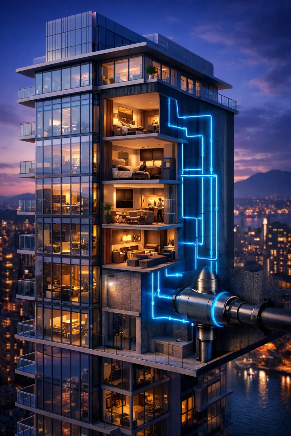 Smart shutoff valve protecting plumbing in a Vancouver condo high-rise to safeguard strata contingency funds.