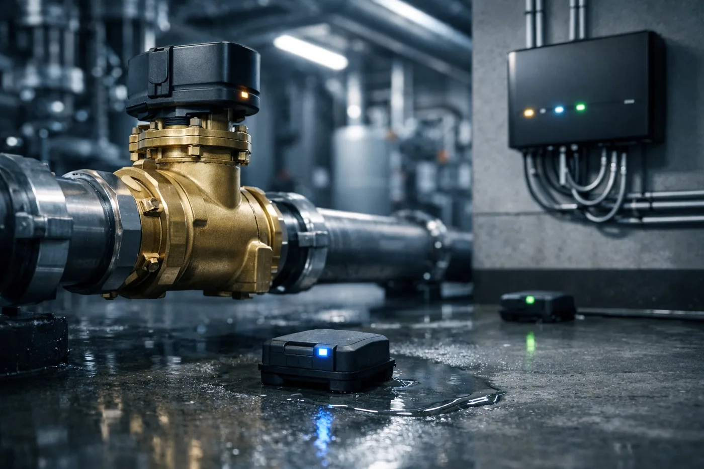 Automatic water shut off valve and leak sensors installed in a commercial high-rise mechanical room.