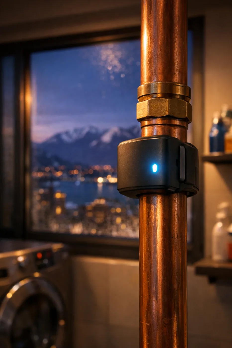 Smart freeze detection sensor on a Vancouver condo water pipe to prevent winter insurance claims.