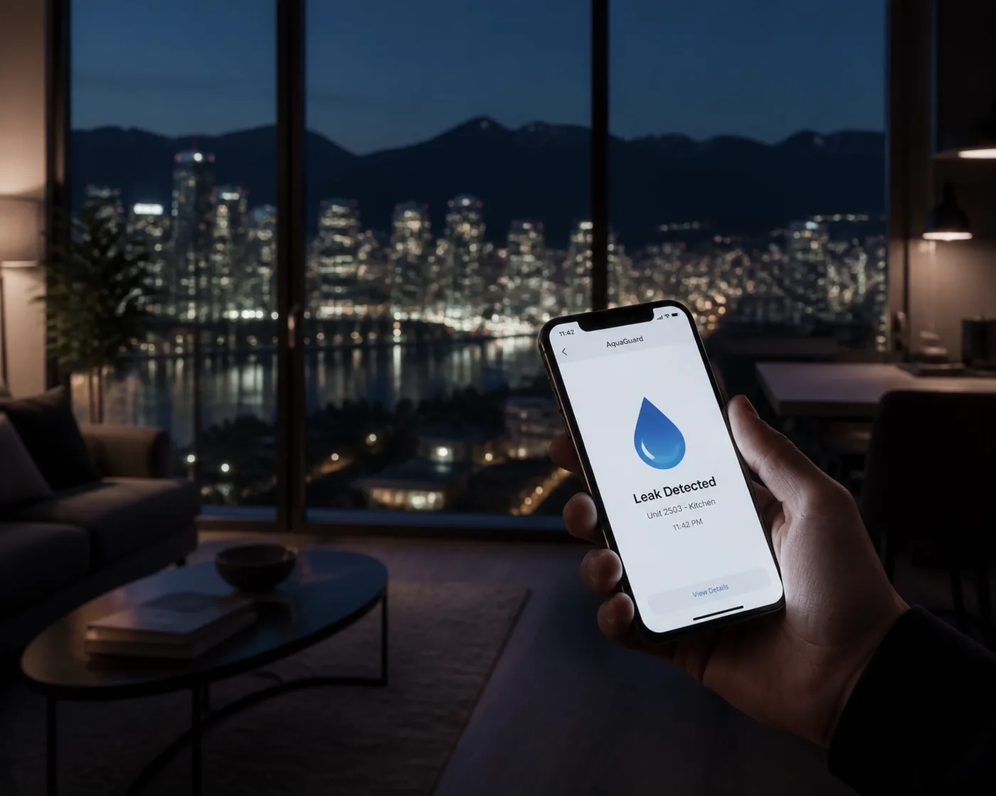 Property manager receiving a smart water leak detector alert on a smartphone in Vancouver.