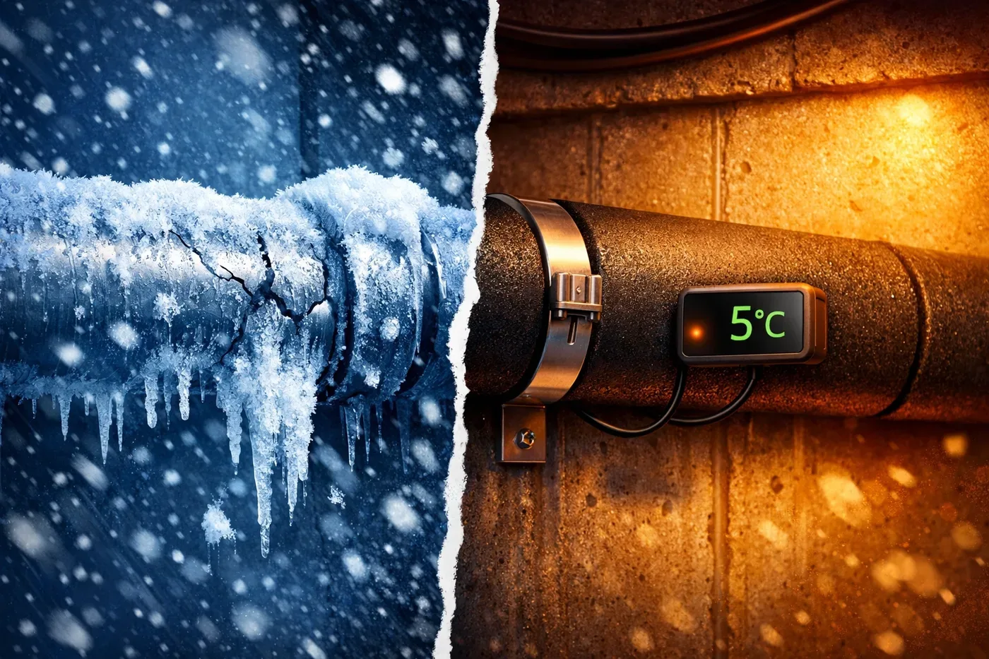 Freeze detection sensor protecting pipe at 5°C compared to frozen cracked pipe showing burst damage prevention