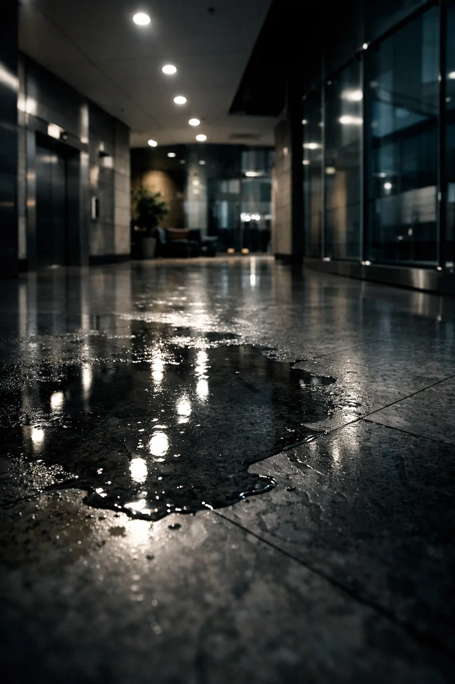 Water damage in commercial building lobby showing costly leak impact