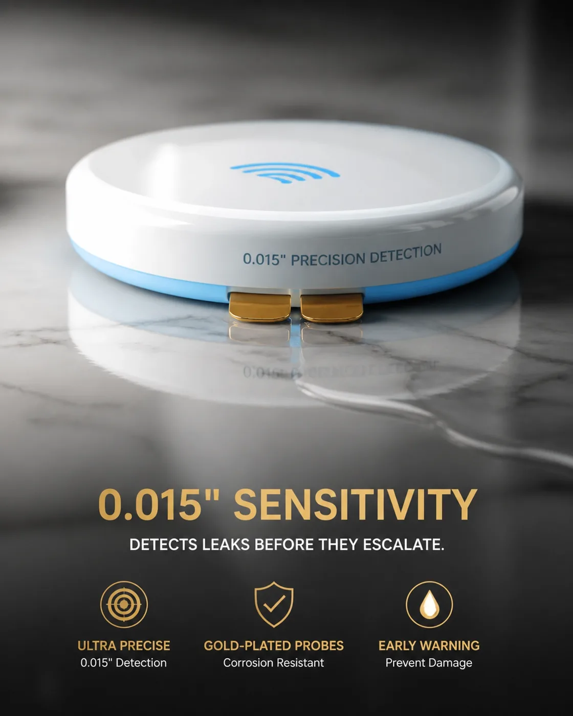 Macro photography of a gold-plated water sensor probe showing extreme sensitivity