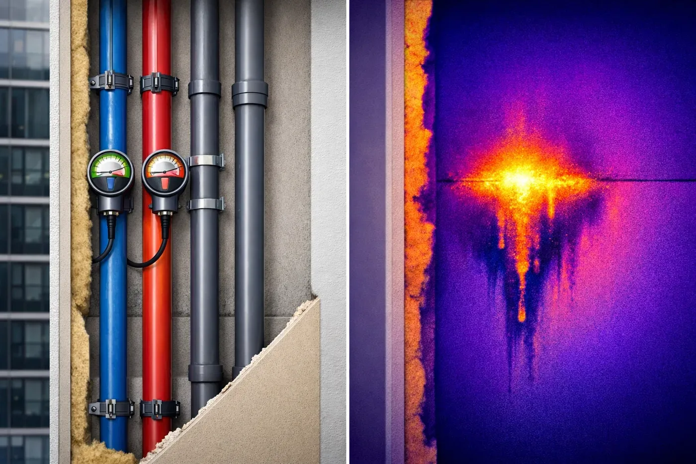 Infrared thermal imaging detecting hidden water leak behind wall in building