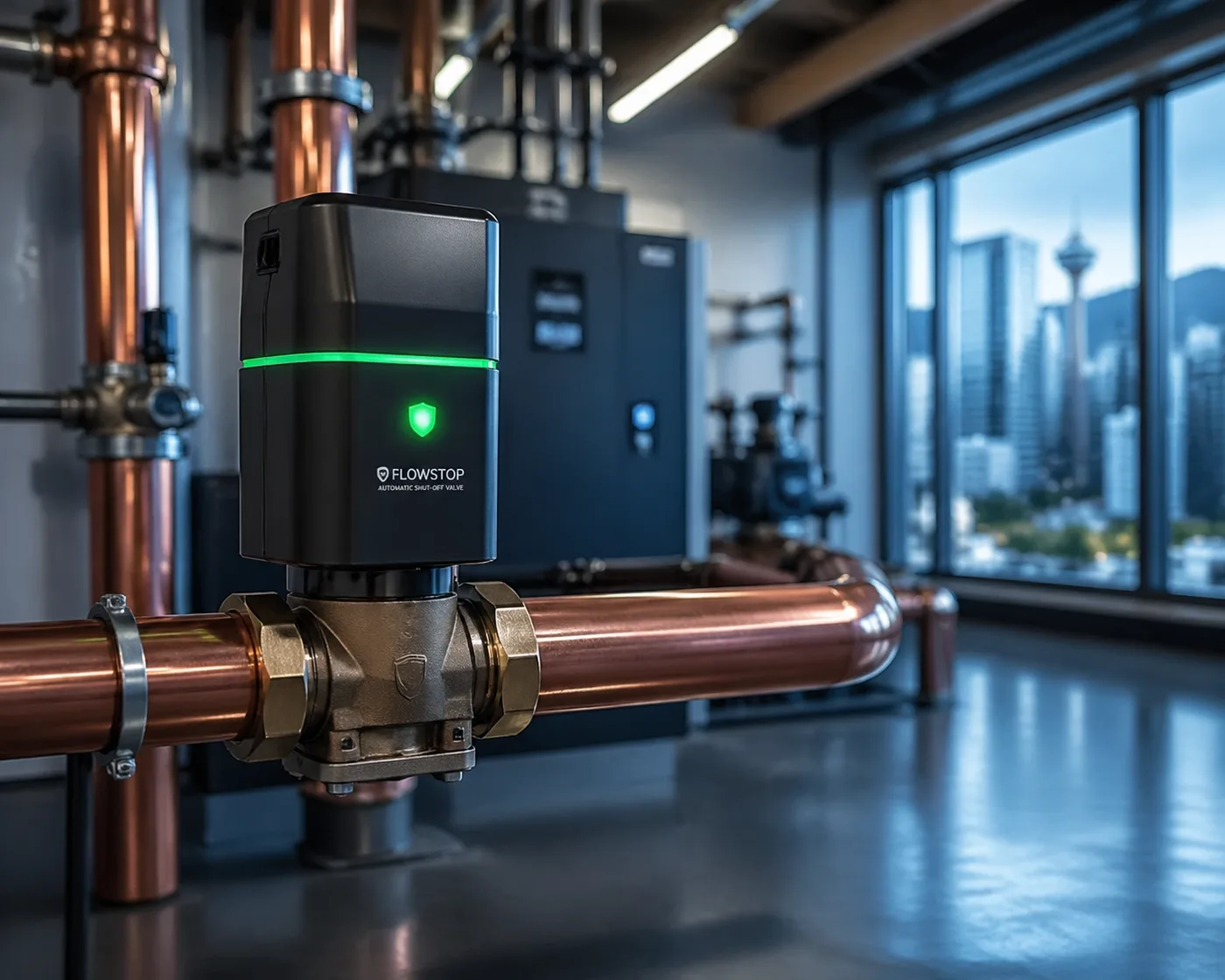 Professional automatic water shut-off system installed in a mechanical room to meet insurance requirements in Vancouver.