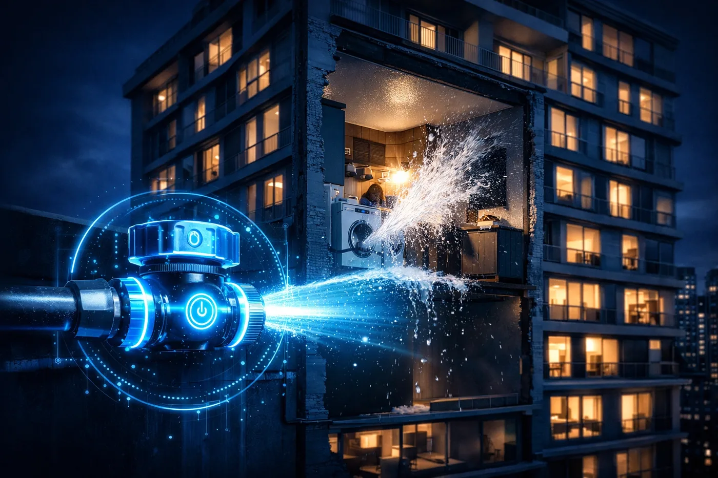 Automatic water shut off valve protecting high-rise apartment building from water damage