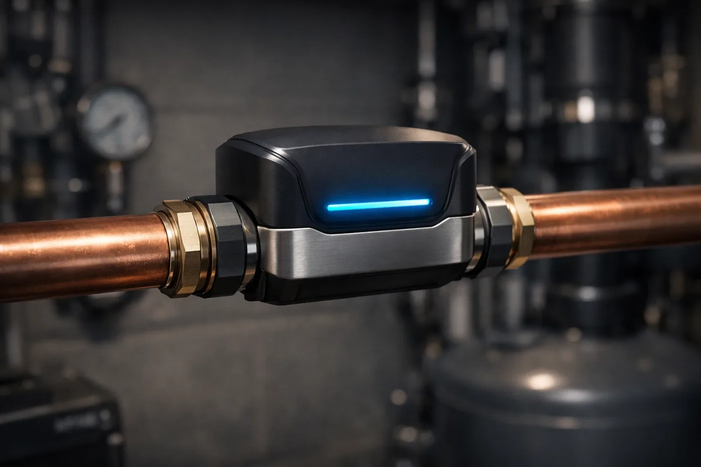 Smart water shutoff valve on a copper pipe providing automated leak protection in a modern high-rise building.