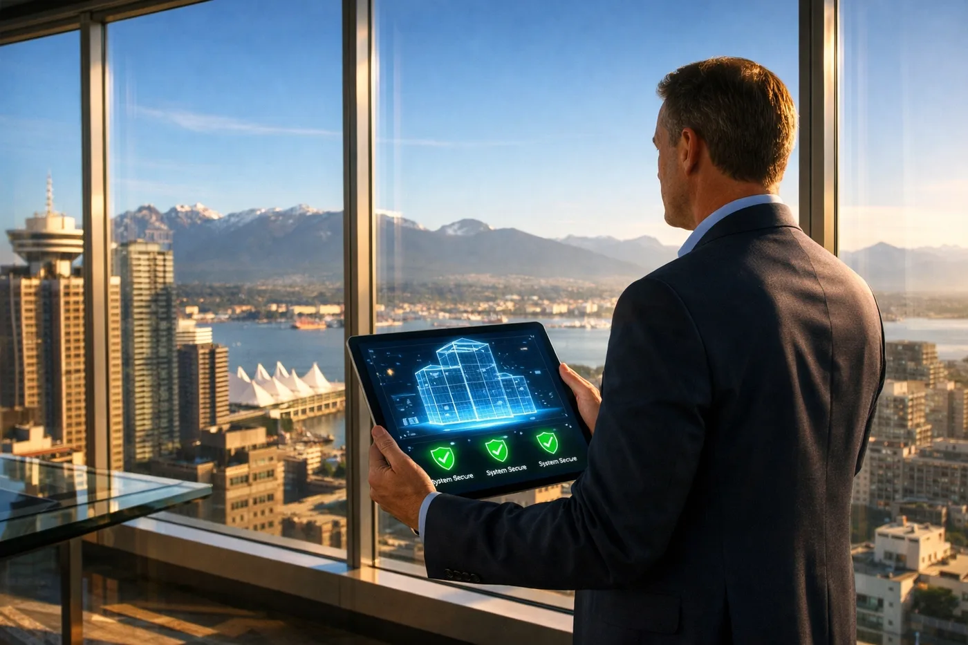 Property manager in Vancouver using a tablet for real-time monitoring of a water leak detection system.