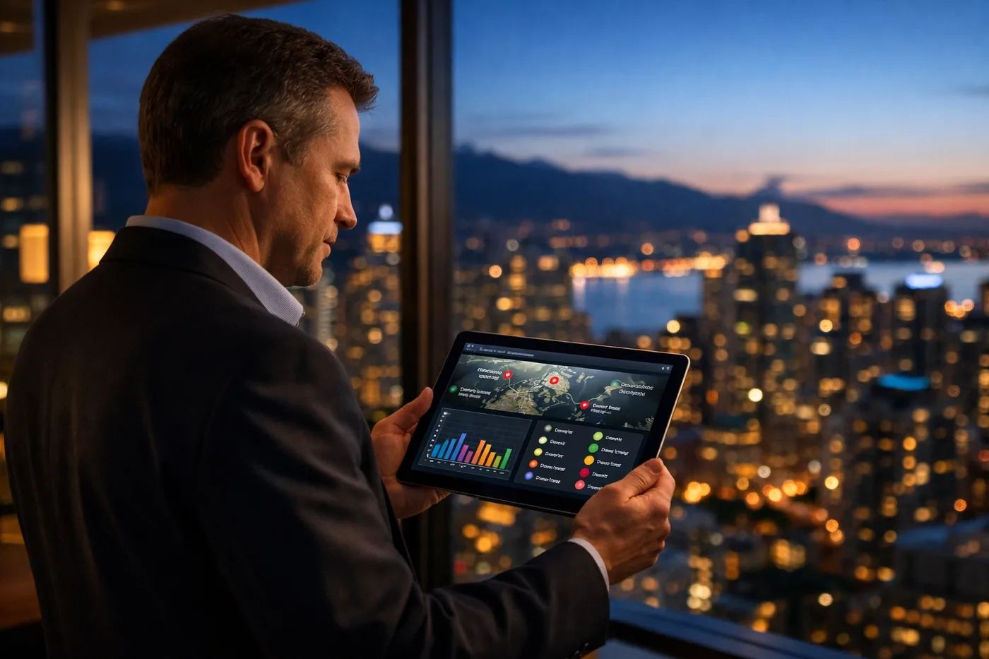 Property manager monitoring centralized water leak detection dashboard overlooking Vancouver skyline