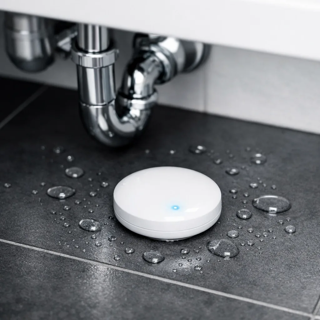 Wireless water leak sensor detecting moisture under apartment bathroom sink