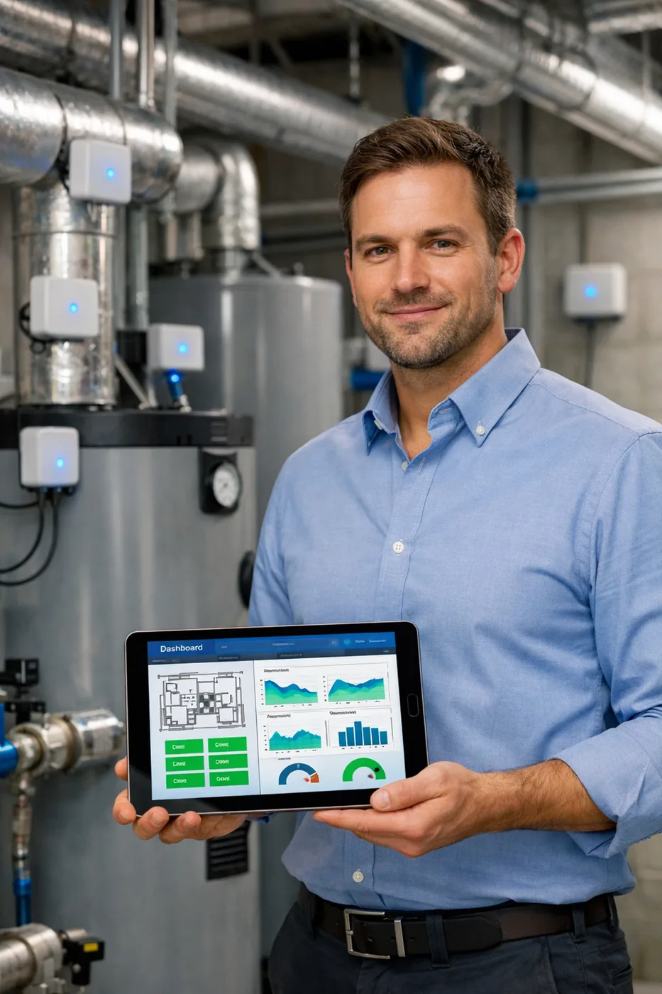 Property manager monitoring real-time water leak detection dashboard in building mechanical room