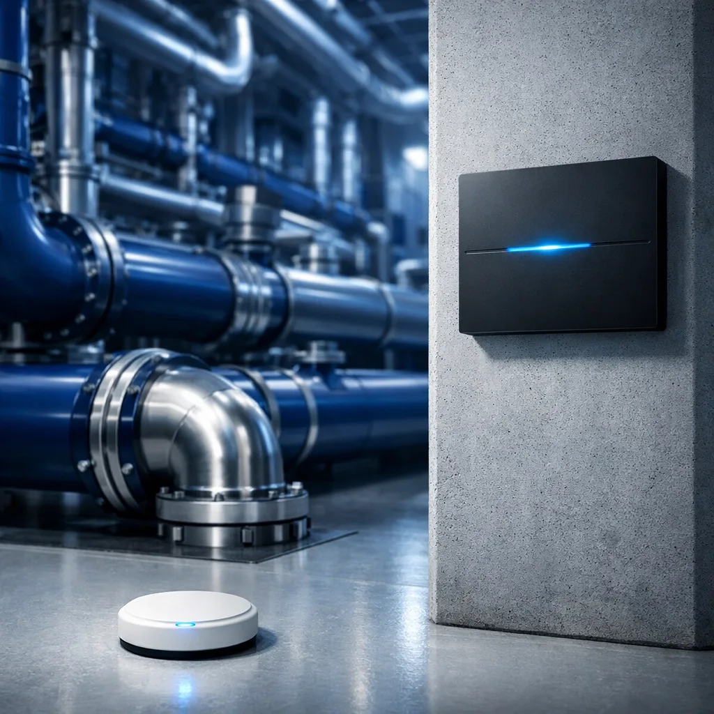 High-rise water leak detection system featuring sensors and control panels for mechanical room monitoring.