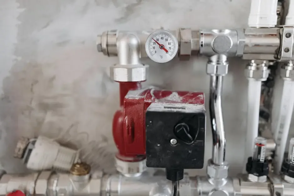 The image features a close-up view of plumbing components, including a red water pump, a pressure gauge indicating temperature, and various metal pipes and fittings against a gray wall, displaying dust accumulation.
