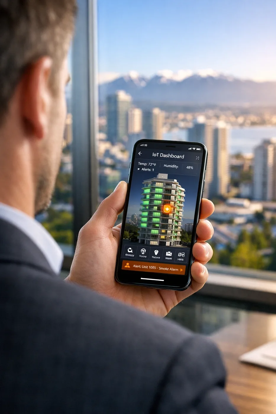 Property manager in Vancouver using a smartphone app for real-time strata water leak detection and monitoring.