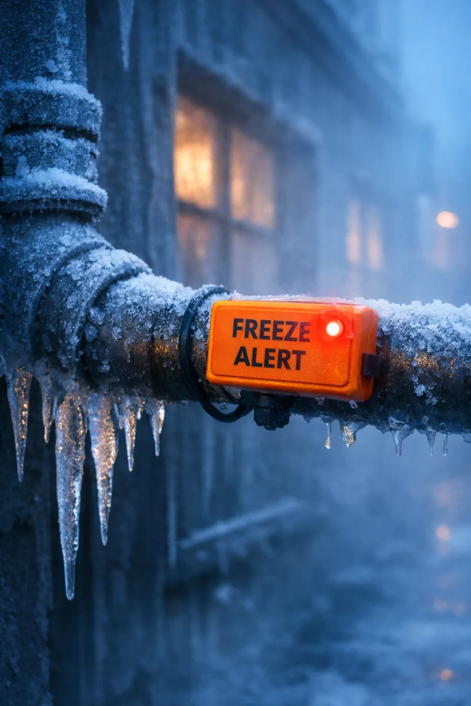 Freeze alert sensor installed on exposed pipe with frost and ice during winter conditions