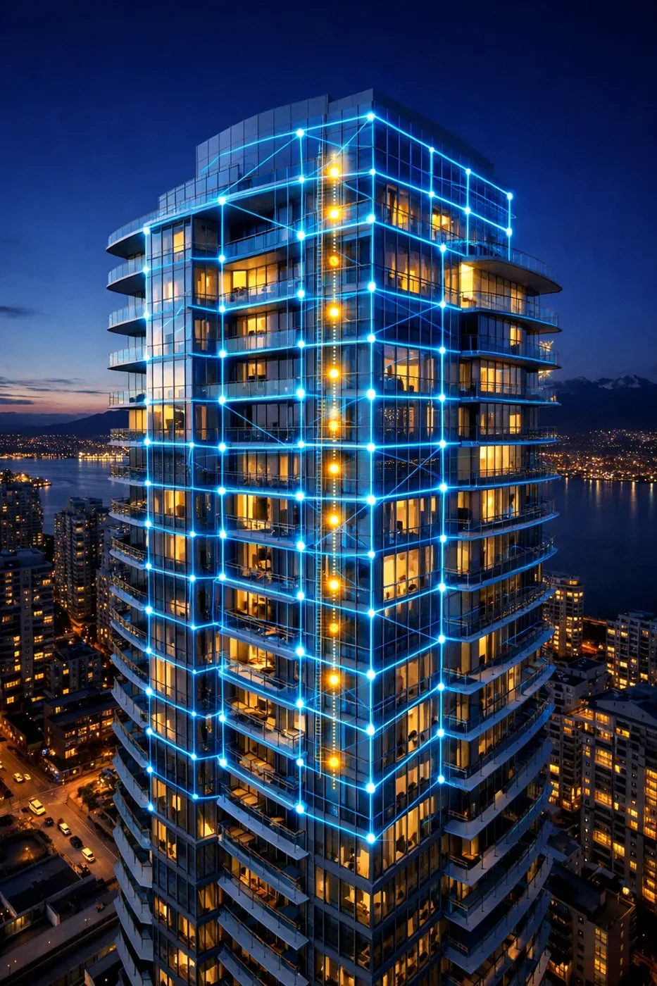 High-rise water leak detection system with an interconnected network of smart sensors for total building protection.