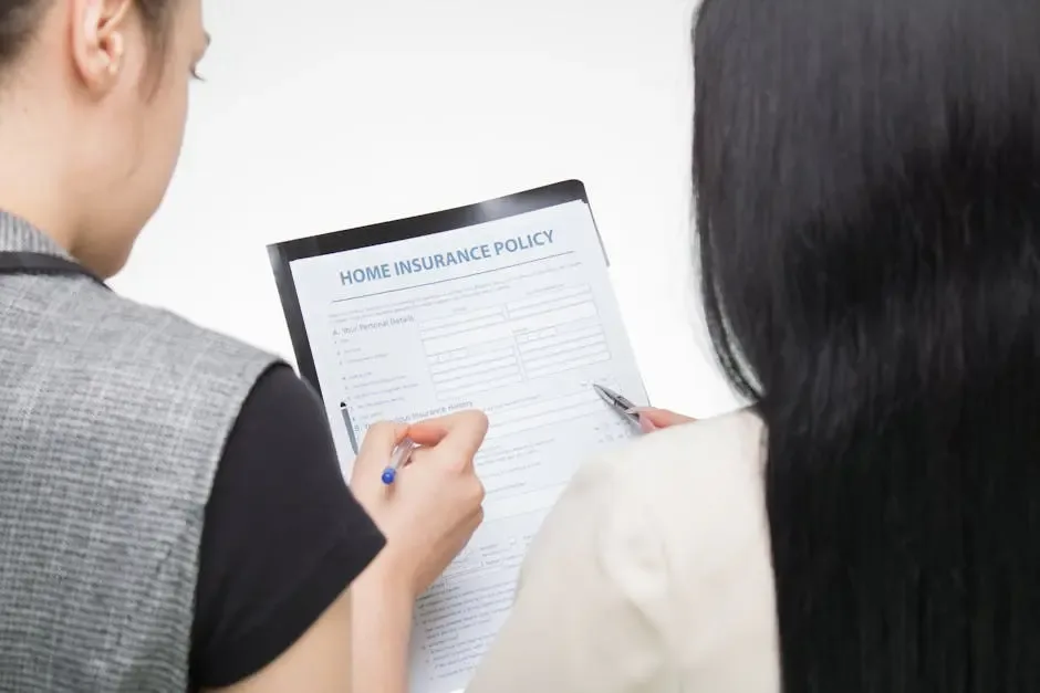 Two women are reviewing a home insurance policy document together, with one holding a pen and pointing at the paper, while the other stands beside her closely observing the details.
