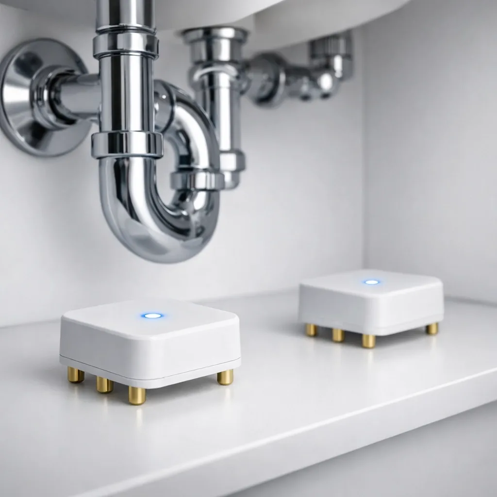 Smart water leak detection sensors with gold probes installed under bathroom sink