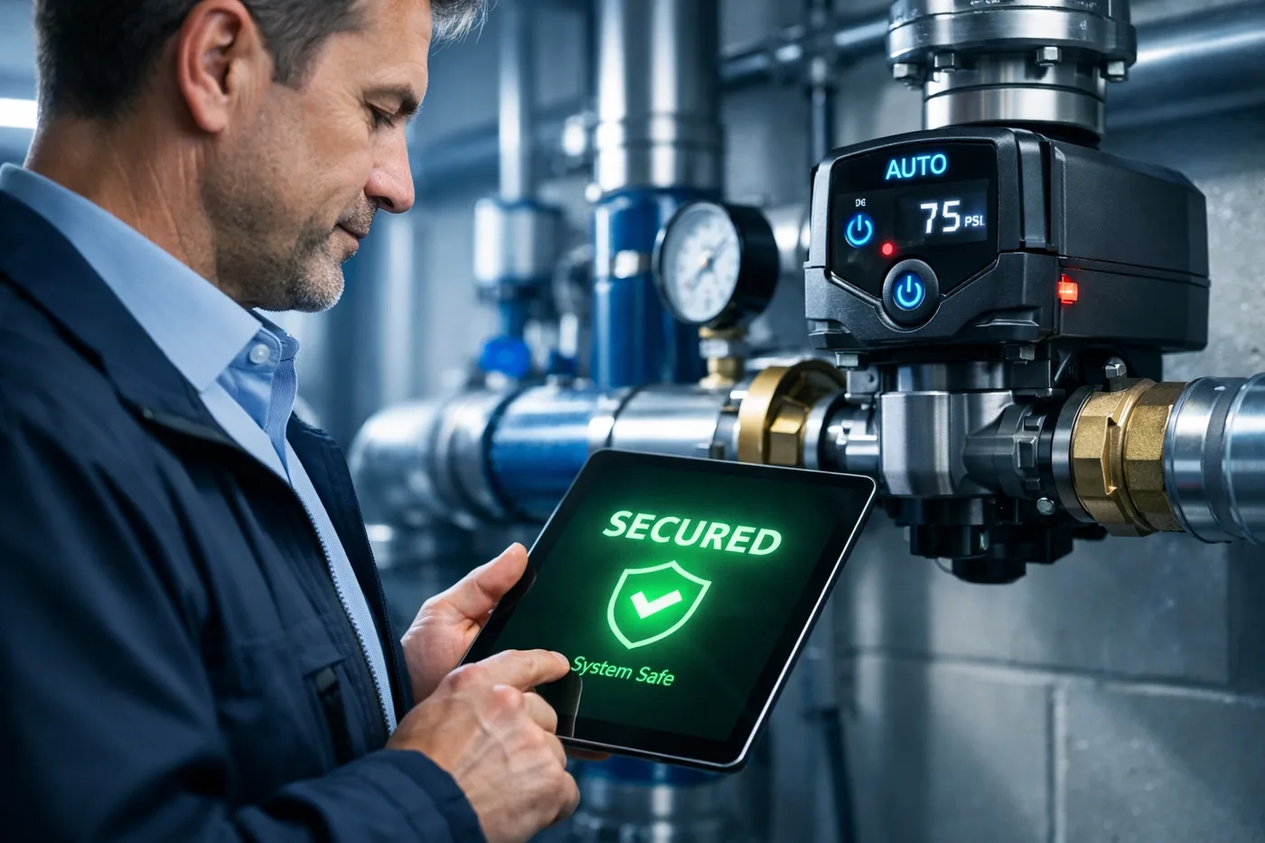 Strata manager monitoring a smart water leak detection system and automatic shut-off valve to reduce insurance risk.