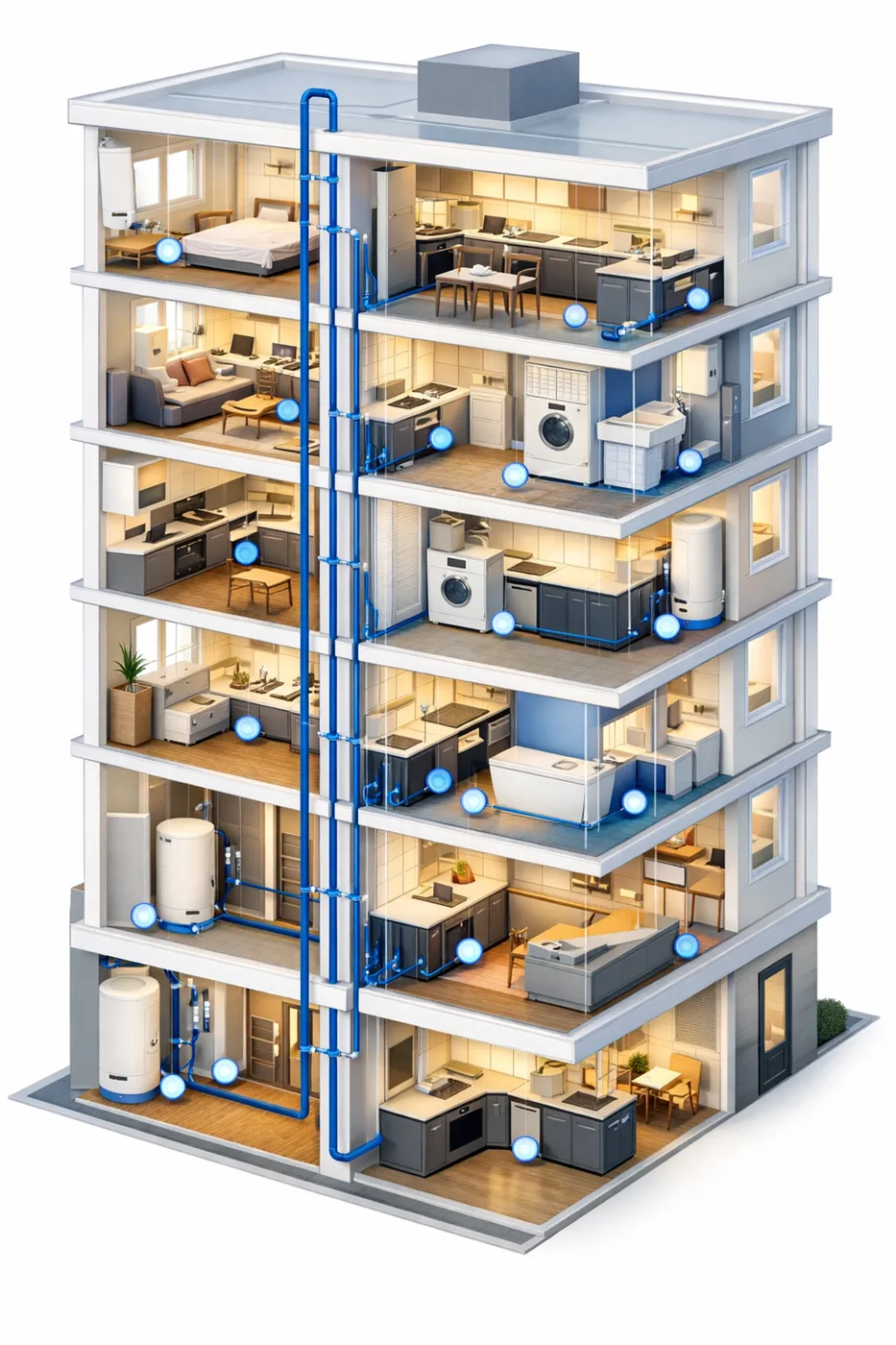Multi-story apartment building showing water leak sensor placement throughout units