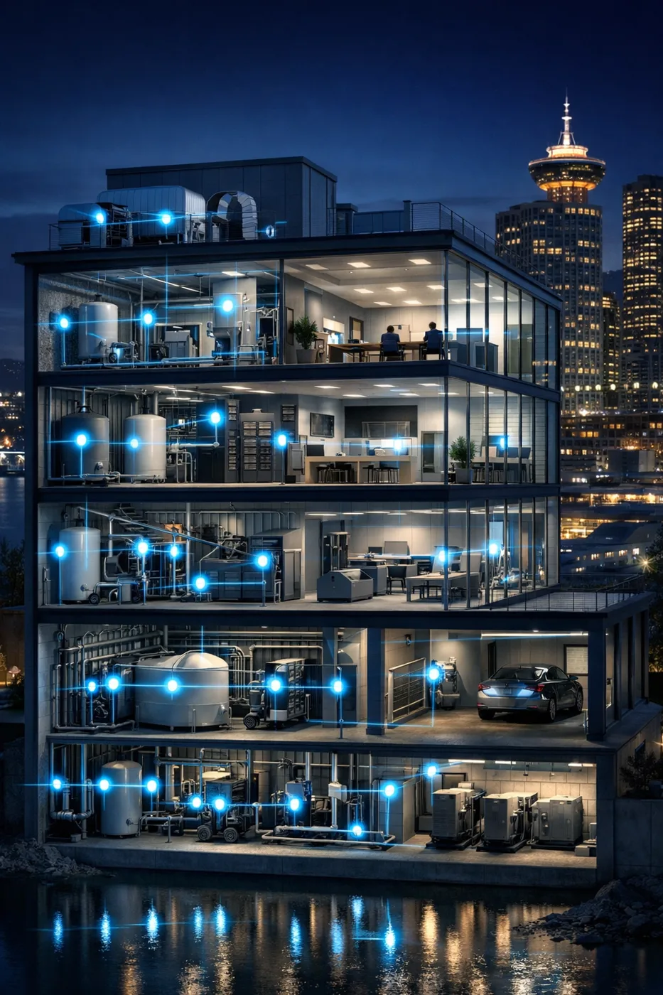 Commercial building with 24/7 leak detection sensors monitoring water systems across multiple floors