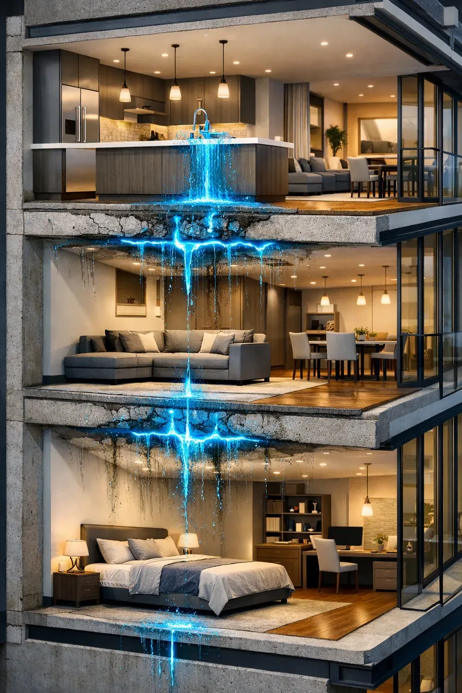 Cross-section of a multi-unit condo building showing water damage spreading between floors in a strata complex.