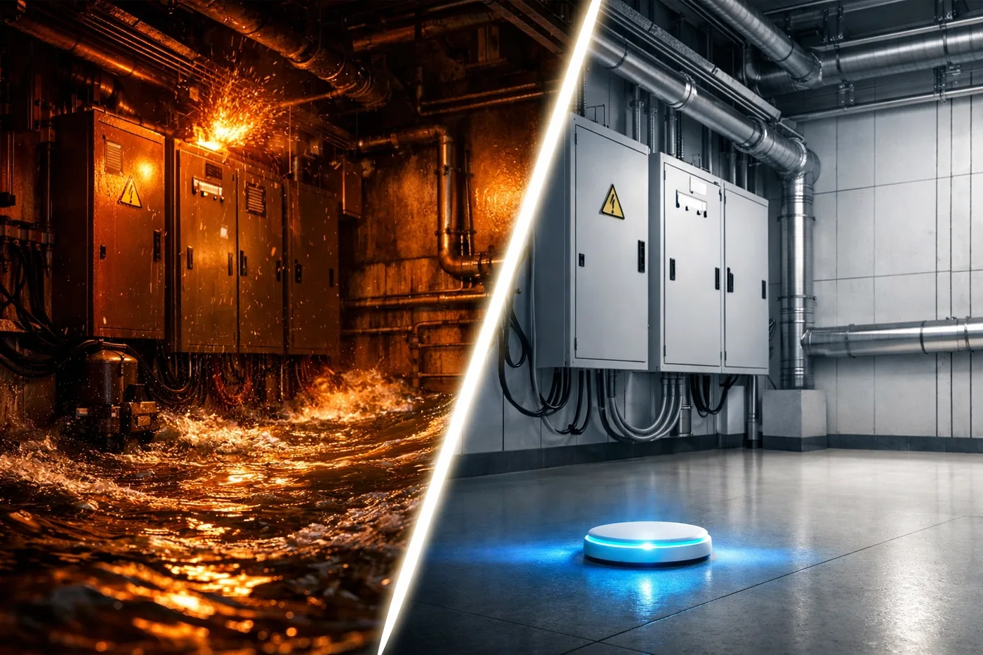 Visual comparison of water damage versus a dry mechanical room protected by a water sensor for insurance savings.