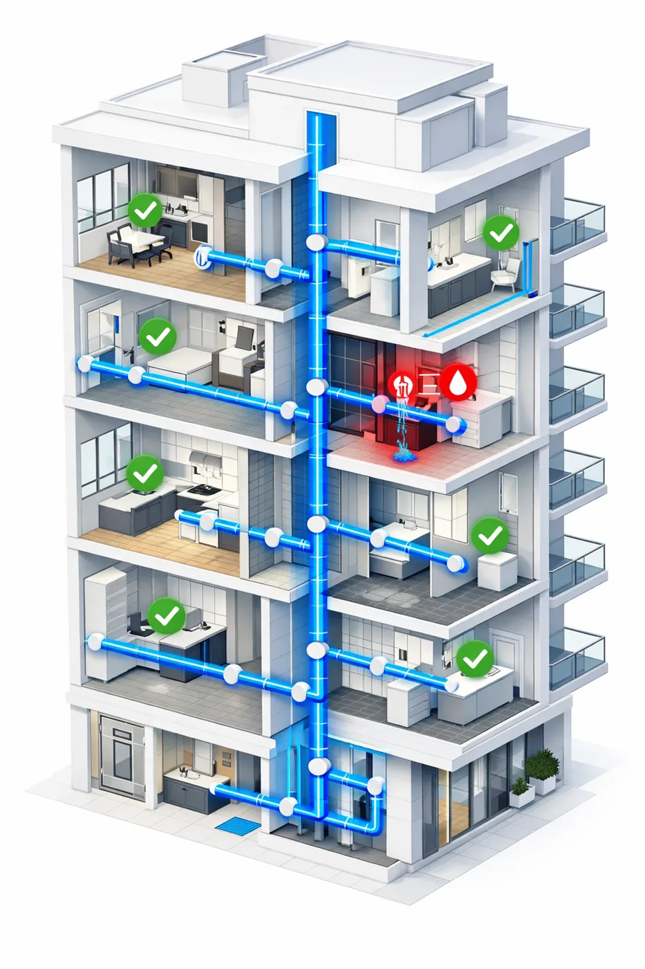 Condo building with water leak detection system monitoring multiple units and pipes