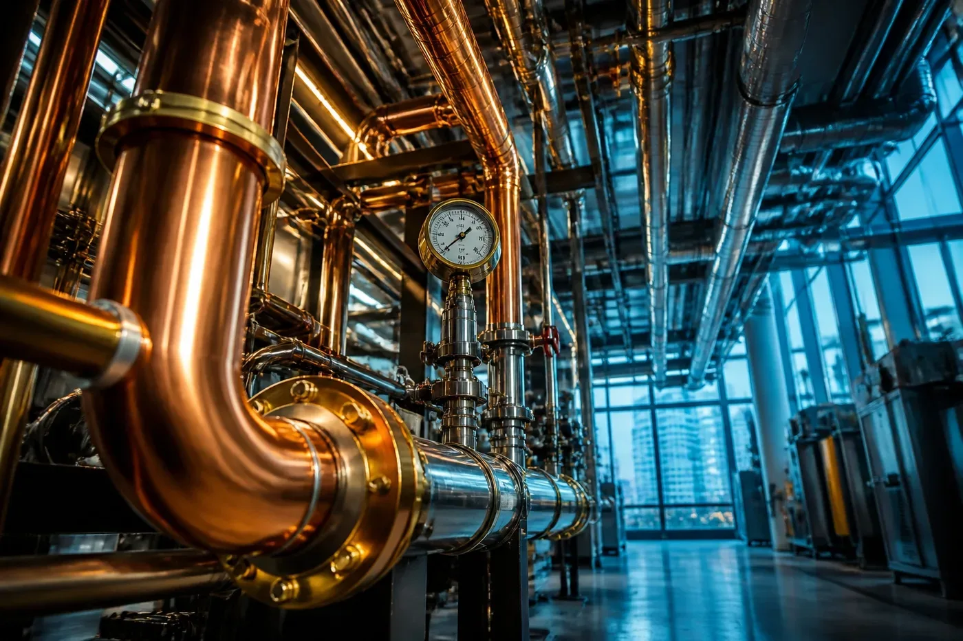 Professional mechanical room plumbing in a Burnaby high-rise for commercial water damage prevention.