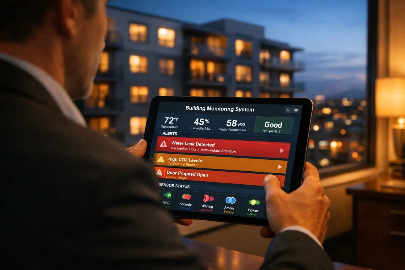 Property manager monitoring centralized leak detection alerts on digital dashboard