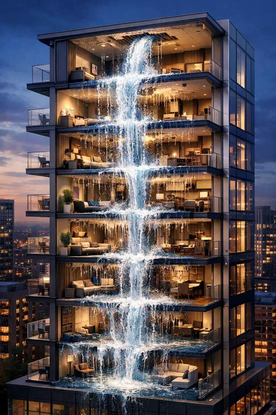 Water cascading through multiple floors of high-rise building showing leak damage cascade effect