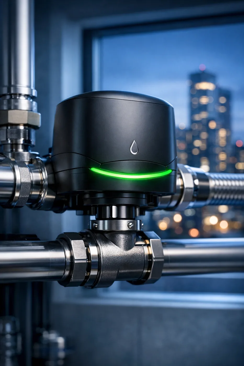 Smart automatic water shut-off valve providing proactive leak protection for a modern strata building.