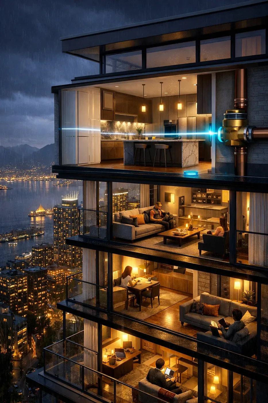 Smart high-rise water leak detection system using sensors and shutoff valves to prevent damage in Vancouver condos.