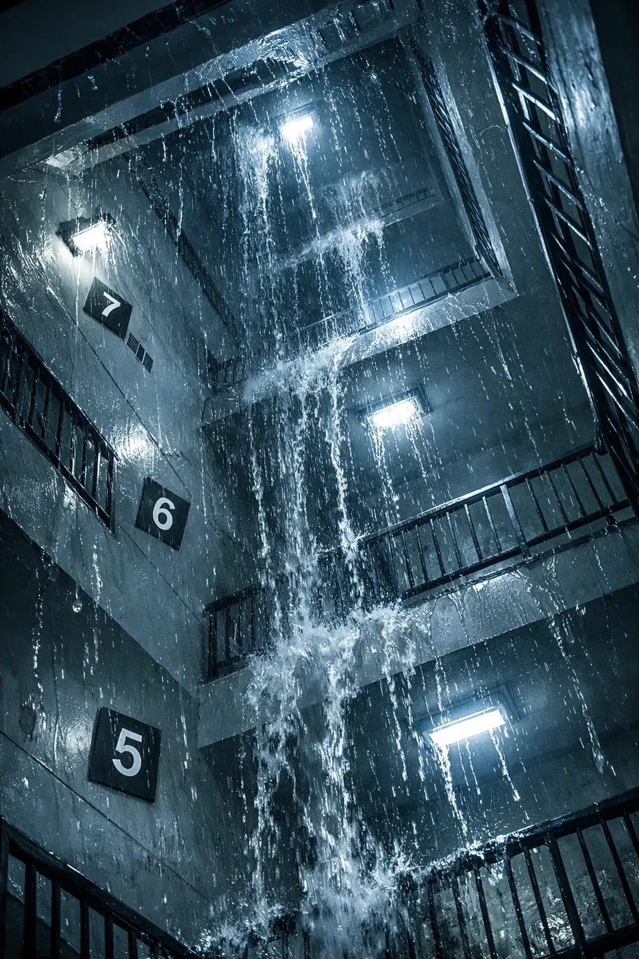 Water damage cascading through multiple floors of a high-rise building showing catastrophic leak risks
