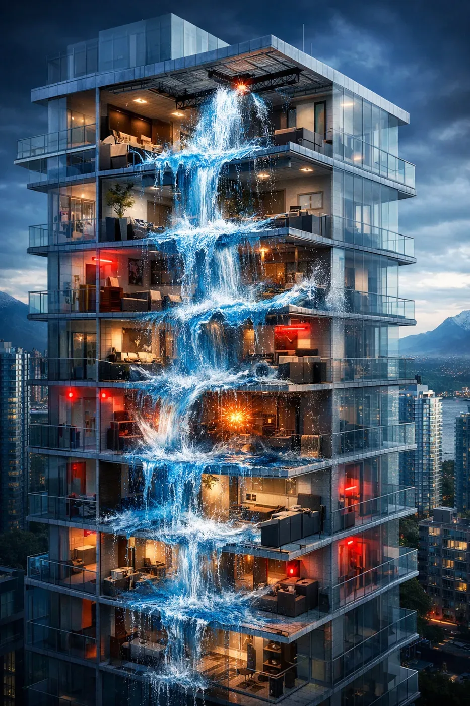 Water damage cascading through multiple floors of high-rise from burst Poly B pipe failure