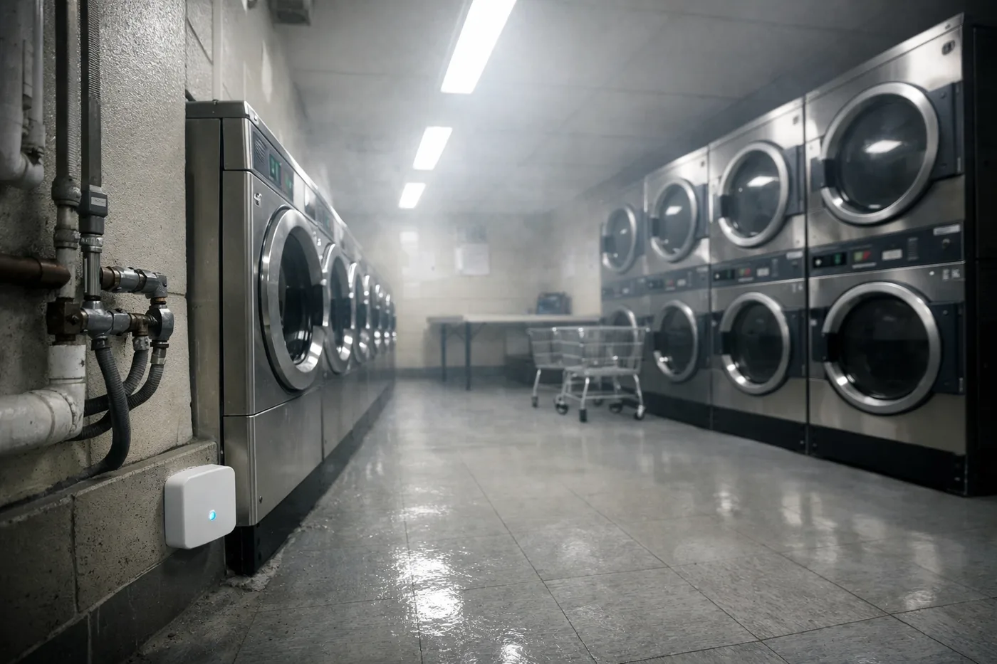 Water leak sensor installed in apartment building laundry room