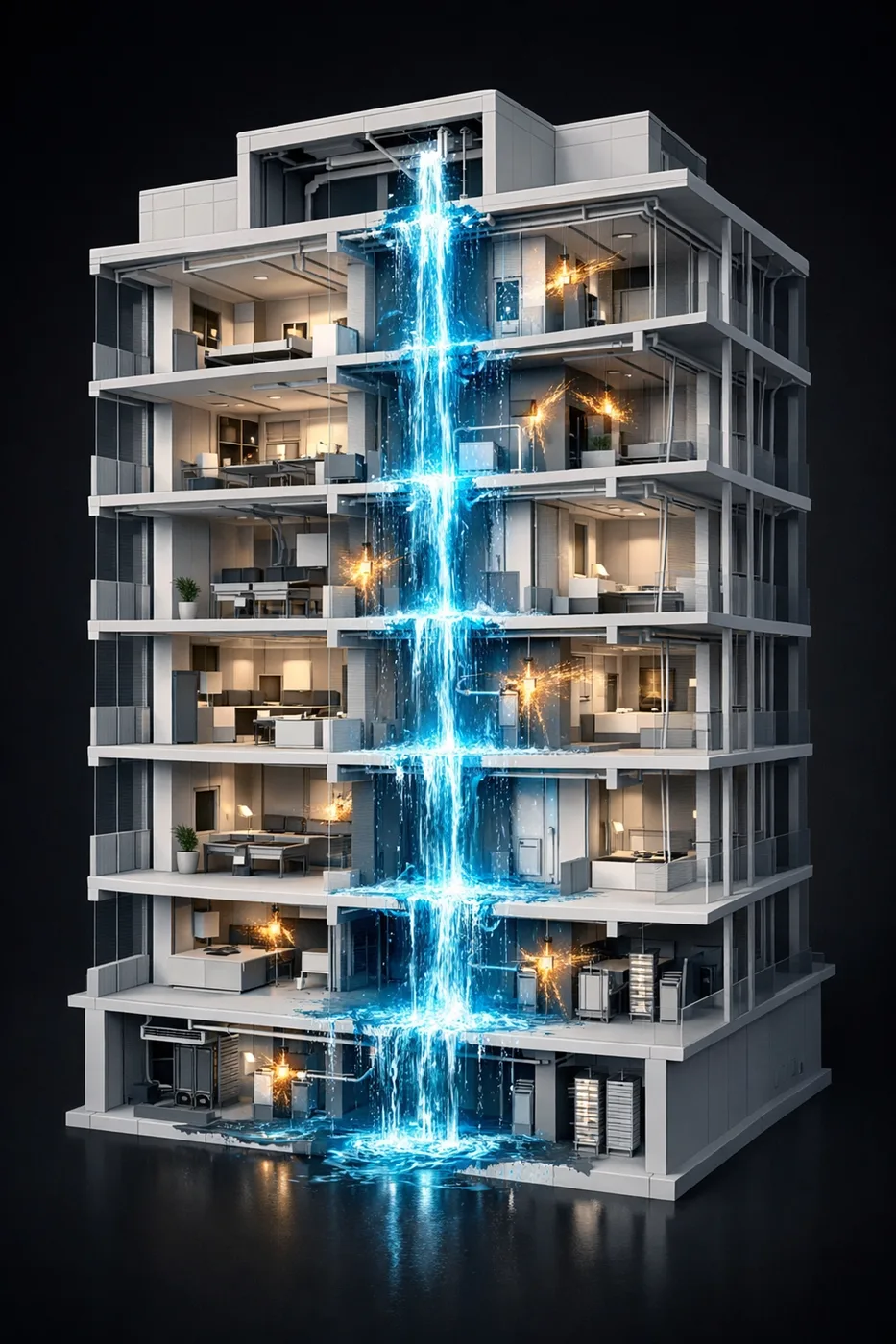 Water damage flowing through multiple floors in high-rise building via floor penetrations