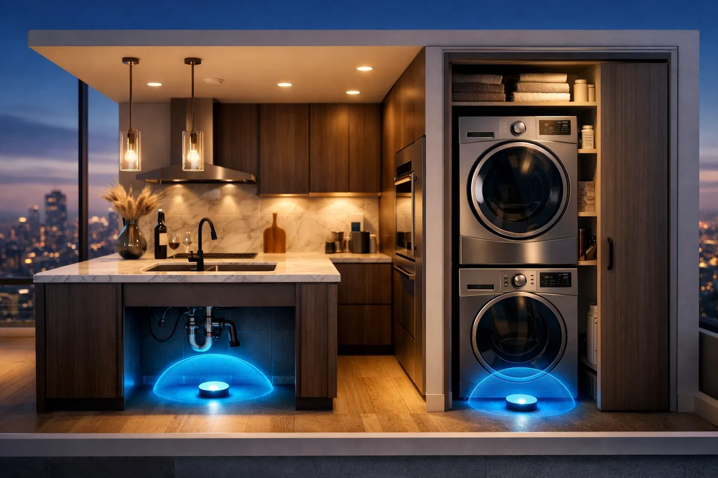 Smart water leak detector sensors protecting high-rise kitchen and laundry areas in a modern condo suite.