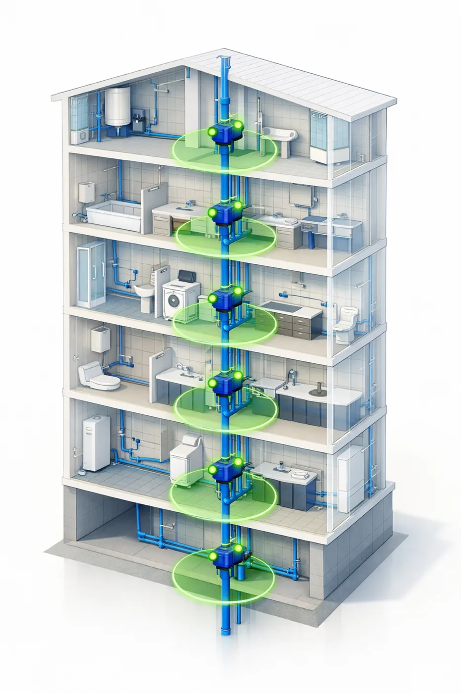 High-rise building cross-section showing smart shut-off valves on vertical riser pipes