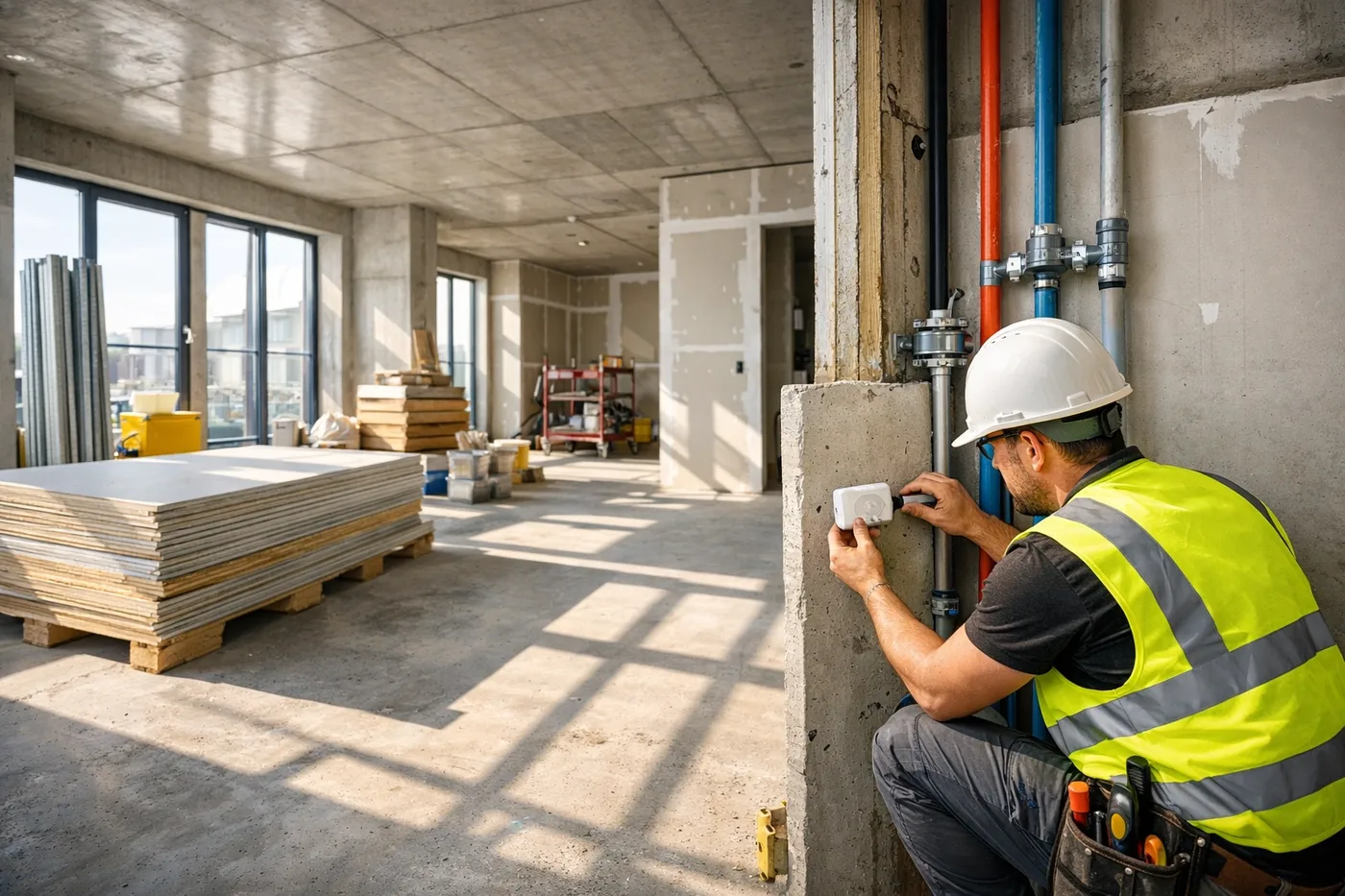 Professional installer mounting water leak sensors in new apartment building during construction