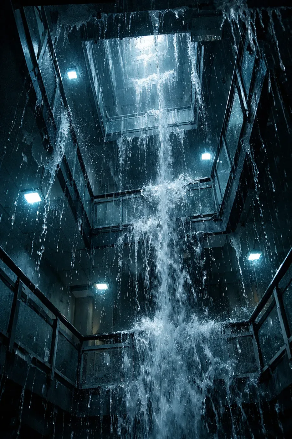 Water damage cascading through multiple floors of a high-rise building
