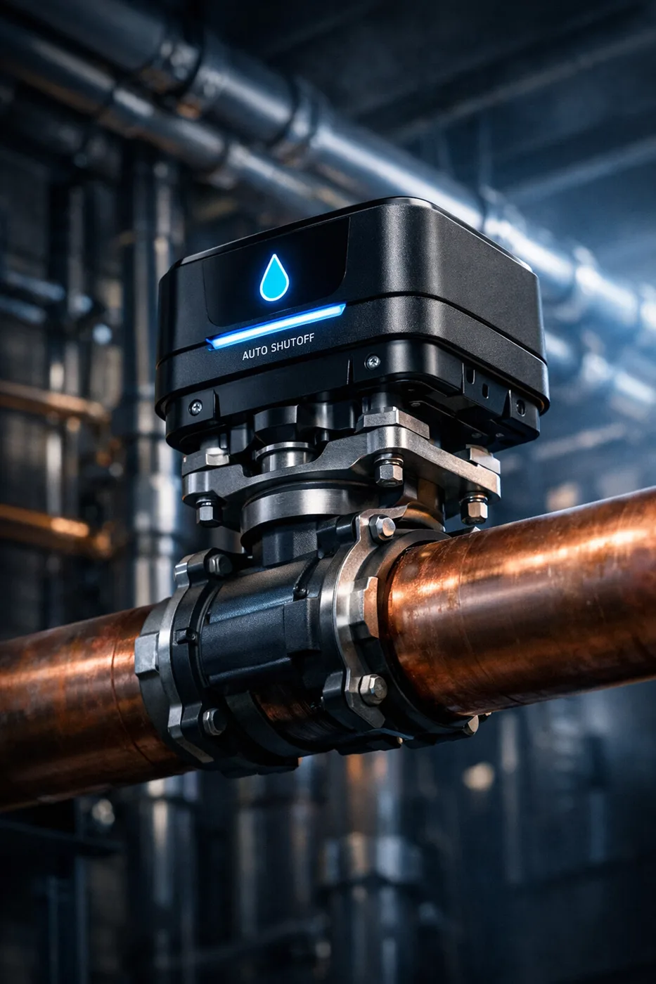 Industrial smart water shut off valve with leak detection for commercial and high-rise building security.