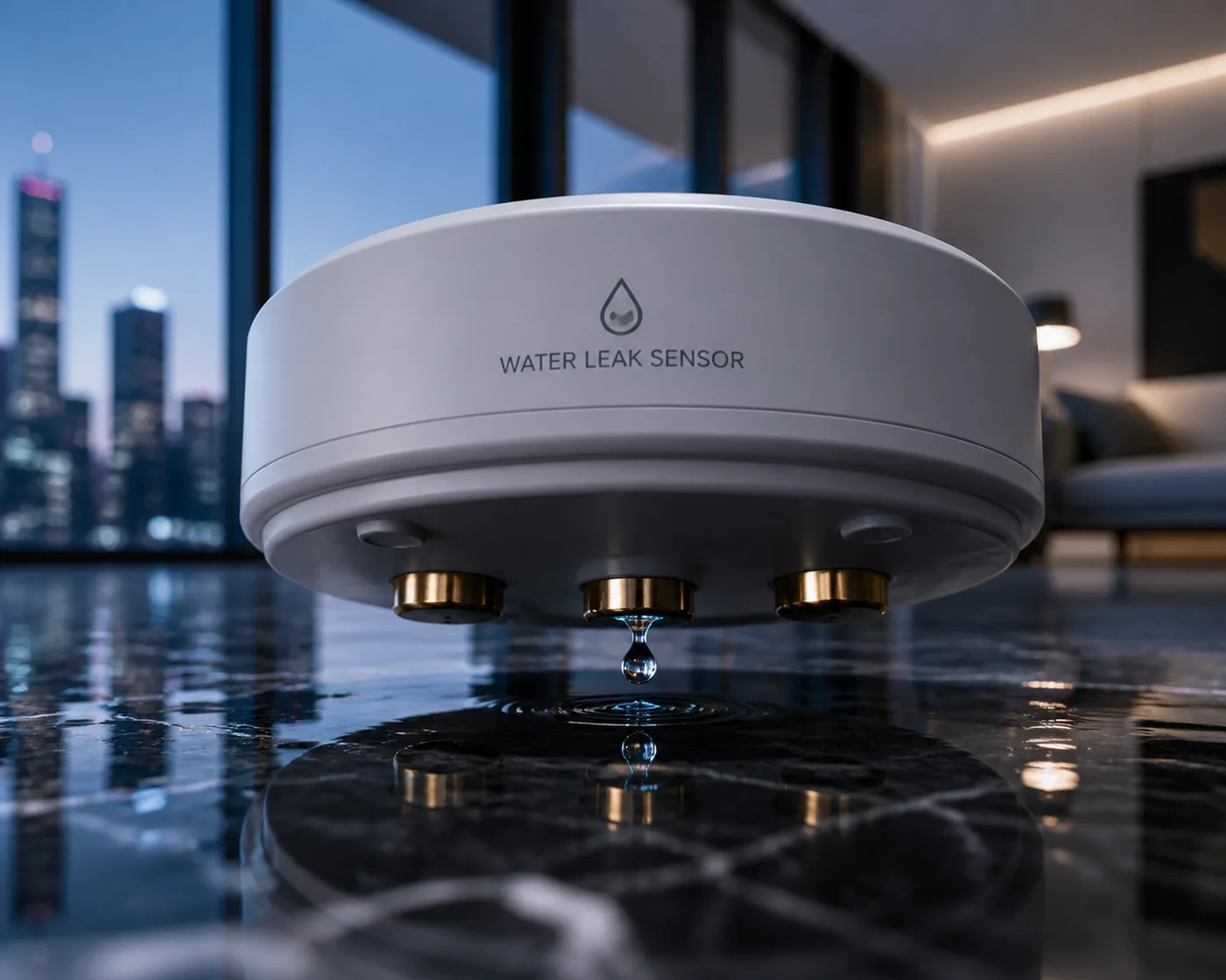 Smart water leak detector with gold-plated probes sensing moisture on a luxury high-rise floor.
