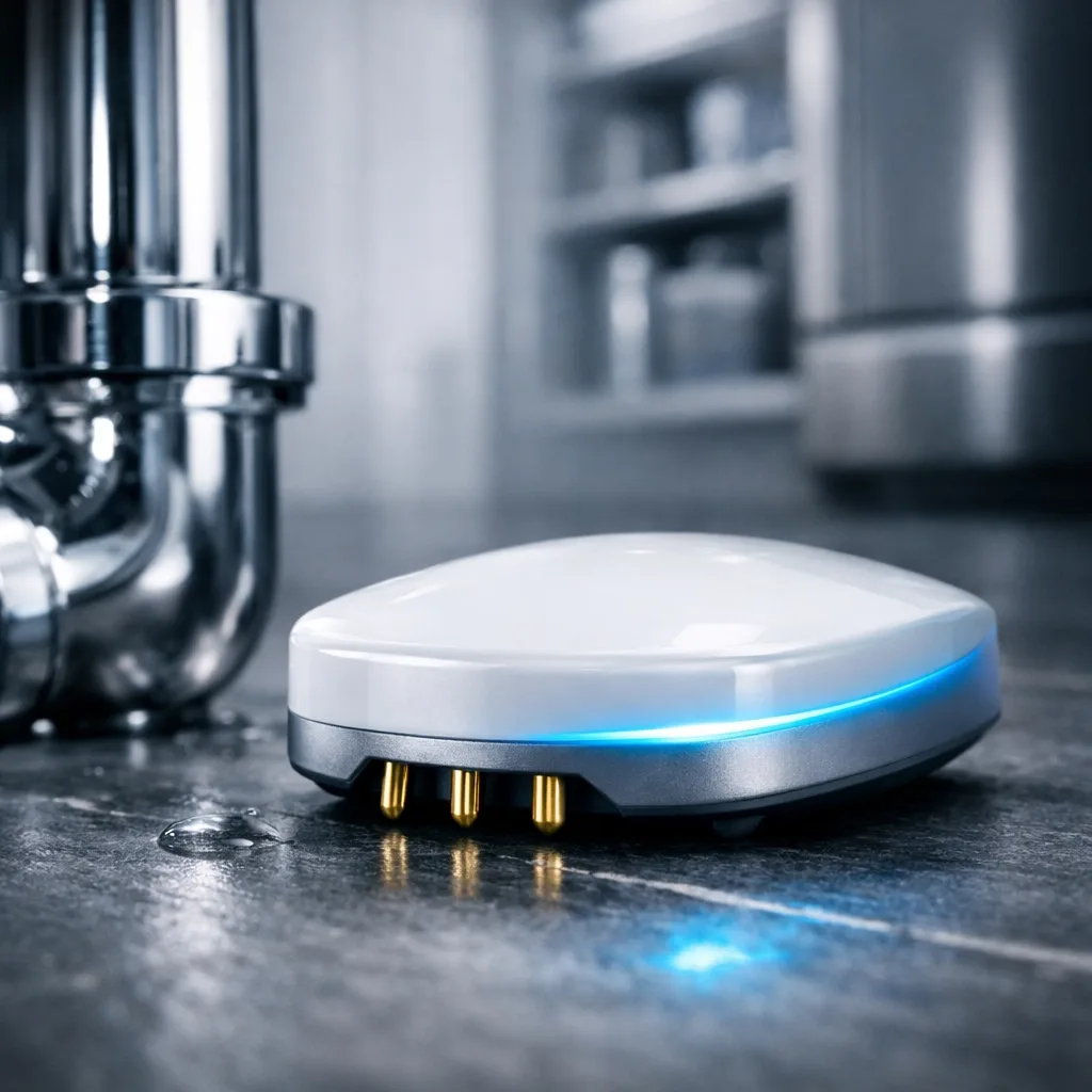 IoT water leak sensor with gold-plated probes for 24/7 monitoring in a Richmond high-rise building.