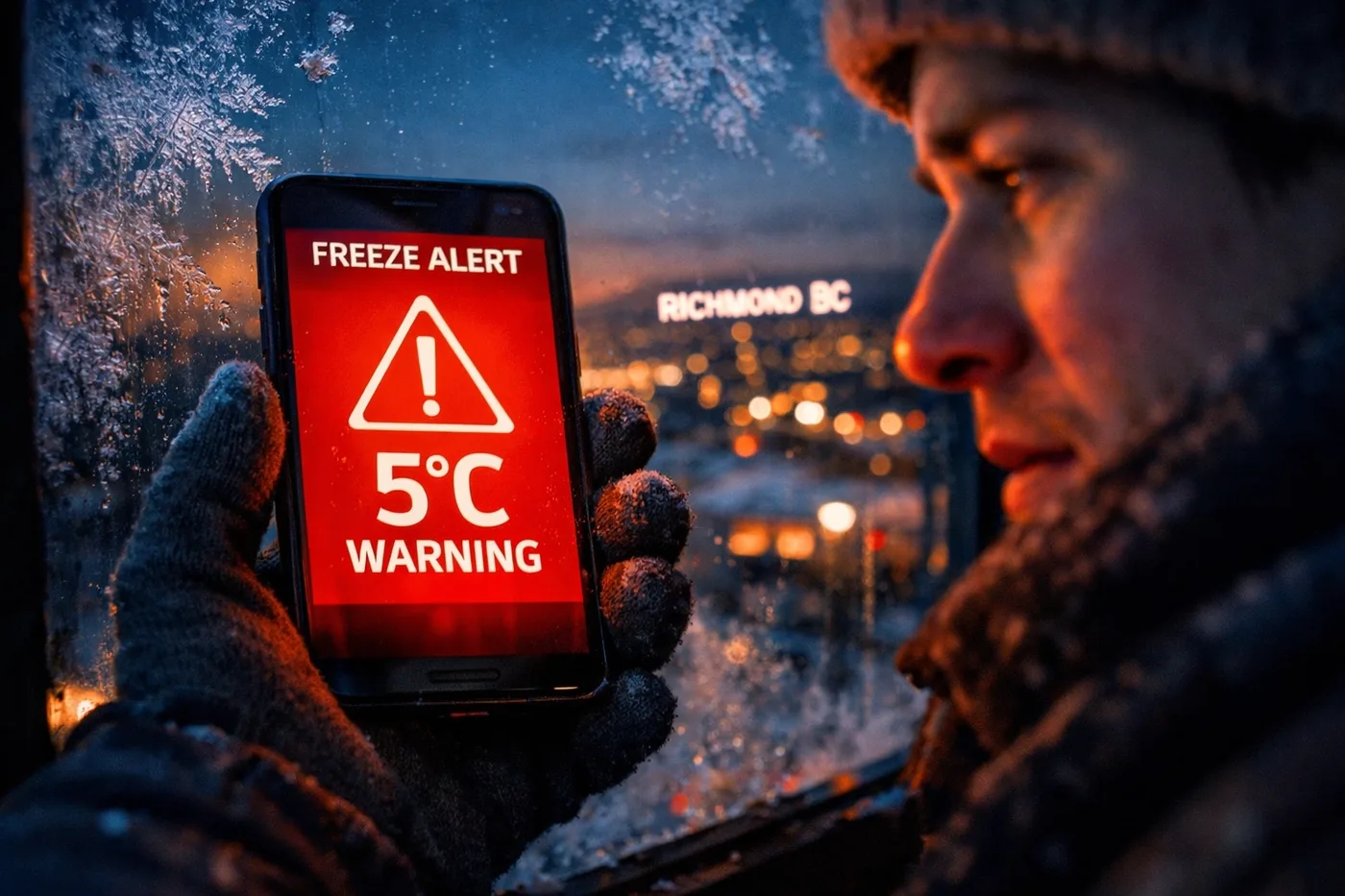 Smartphone displaying 5°C freeze alert notification for water leak detection system in Richmond BC